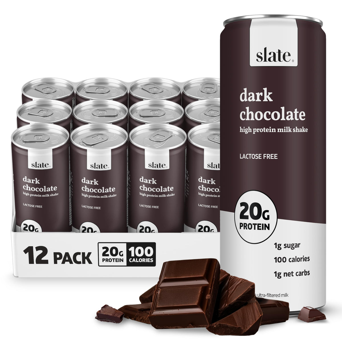 Slate Milk - High Protein Milk Shake - Core Variety Pack - Classic Chocolate, Dark Chocolate, French Vanilla - Lactose Free, 20g Protein, 1g Sugar, 100 Calories, 1-2g Net Carbs - 11 fl oz, 12 Cans