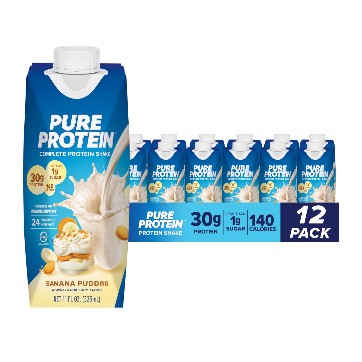 Pure Protein Chocolate Protein Shake, 30g Complete Protein, Ready to Drink and Keto-Friendly, Vitamins A, C, D, and E plus Zinc to Support Immune Health, 11oz Bottles, 12 Pack