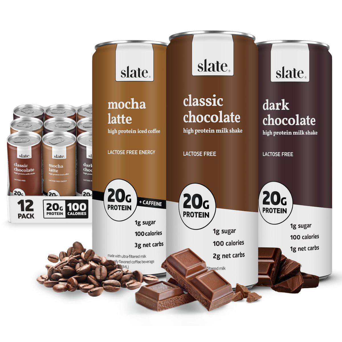Slate Milk - High Protein Milk Shake - Core Variety Pack - Classic Chocolate, Dark Chocolate, French Vanilla - Lactose Free, 20g Protein, 1g Sugar, 100 Calories, 1-2g Net Carbs - 11 fl oz, 12 Cans