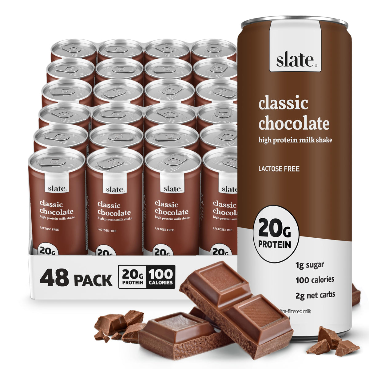 Slate Milk - High Protein Milk Shake - Core Variety Pack - Classic Chocolate, Dark Chocolate, French Vanilla - Lactose Free, 20g Protein, 1g Sugar, 100 Calories, 1-2g Net Carbs - 11 fl oz, 12 Cans