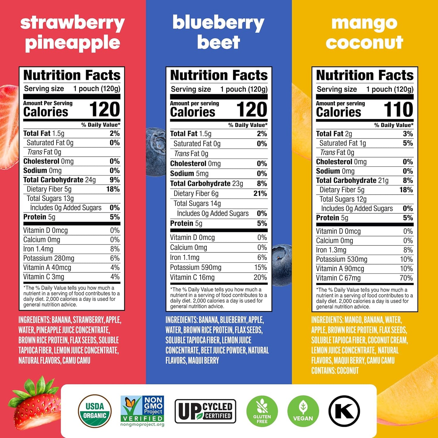 Noka Superfood Fruit Smoothie Pouches Variety Pack, Healthy Snacks with Flax Seed, Plant Protein and Prebiotic Fiber, Vegan and Gluten Free Snacks, Made in USA, Organic Squeeze Pouch, 4.22 oz, 12 Count