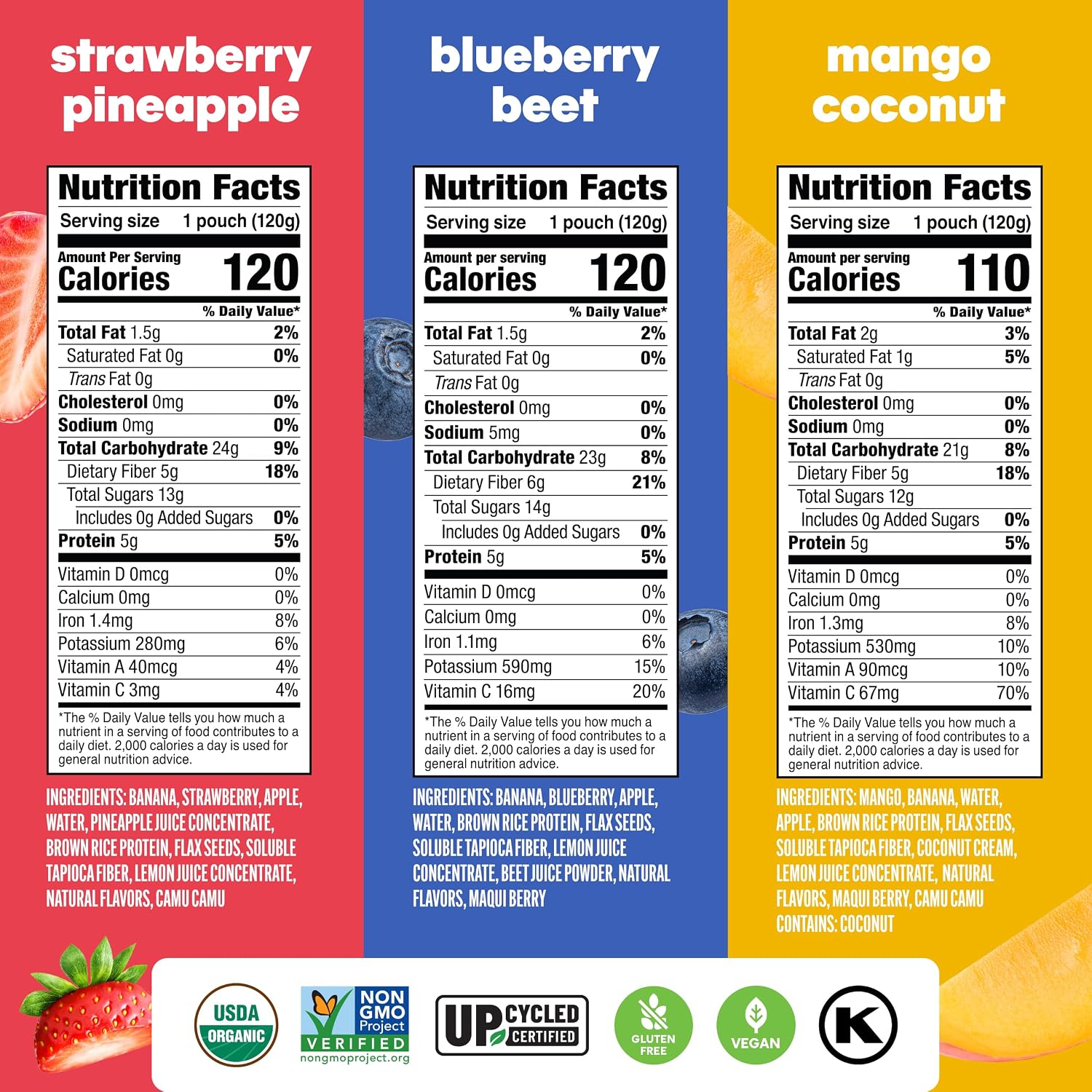Noka Superfood Fruit Smoothie Pouches Variety Pack, Healthy Snacks with Flax Seed, Plant Protein and Prebiotic Fiber, Vegan and Gluten Free Snacks, Made in USA, Organic Squeeze Pouch, 4.22 oz, 12 Count